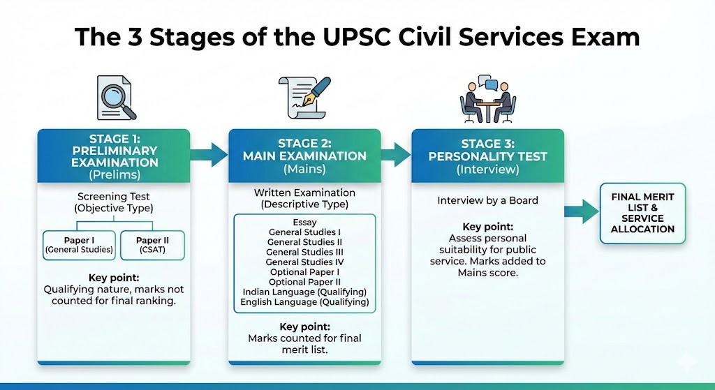 UPSC CSE Exam stages infographics.